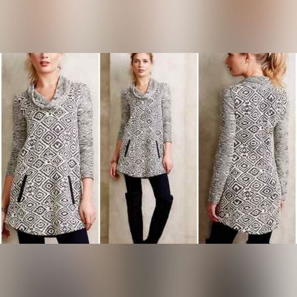 🔸️Anthropologie Postmark Gray & Cream Cowl Neck Tunic Sweater Small - Picture 1 of 10